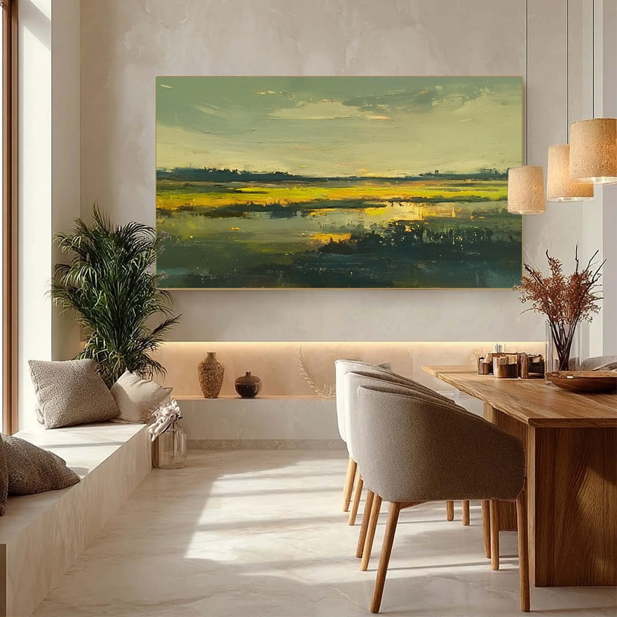 Golden Marsh hand-painted gold and yellow textured coastal landscape painting shown with silver frame