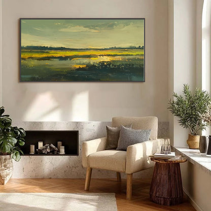 Golden Marsh hand-painted gold and yellow textured coastal landscape painting shown with gold frame
