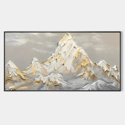 Golden Peaks hand-painted soft grey and gold textured mountain landscape painting rolled canvas option