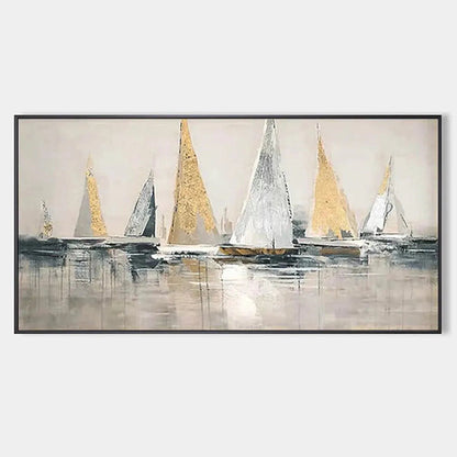 Golden Regatta hand-painted gold and ivory textured sailboat seascape painting rolled canvas option