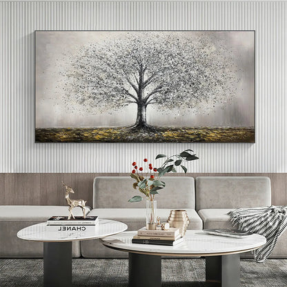 Golden Roots hand-painted gold and ivory textured tree painting shown as stretched canvas