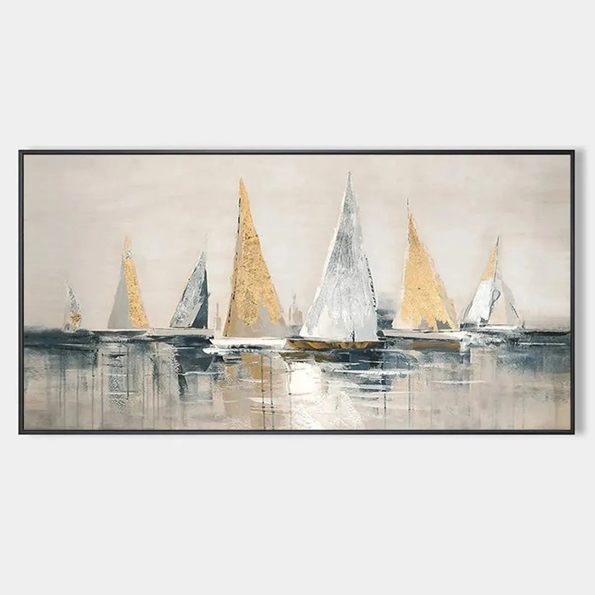Golden Sailboats hand-painted white, ocean blue and gold textured sailboat seascape painting rolled canvas option