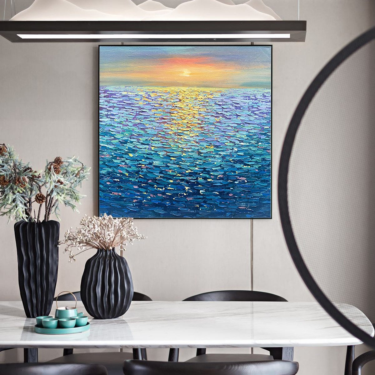 Golden Sunset Over Water hand-painted ocean blue and gold textured sunset seascape painting shown with wood frame