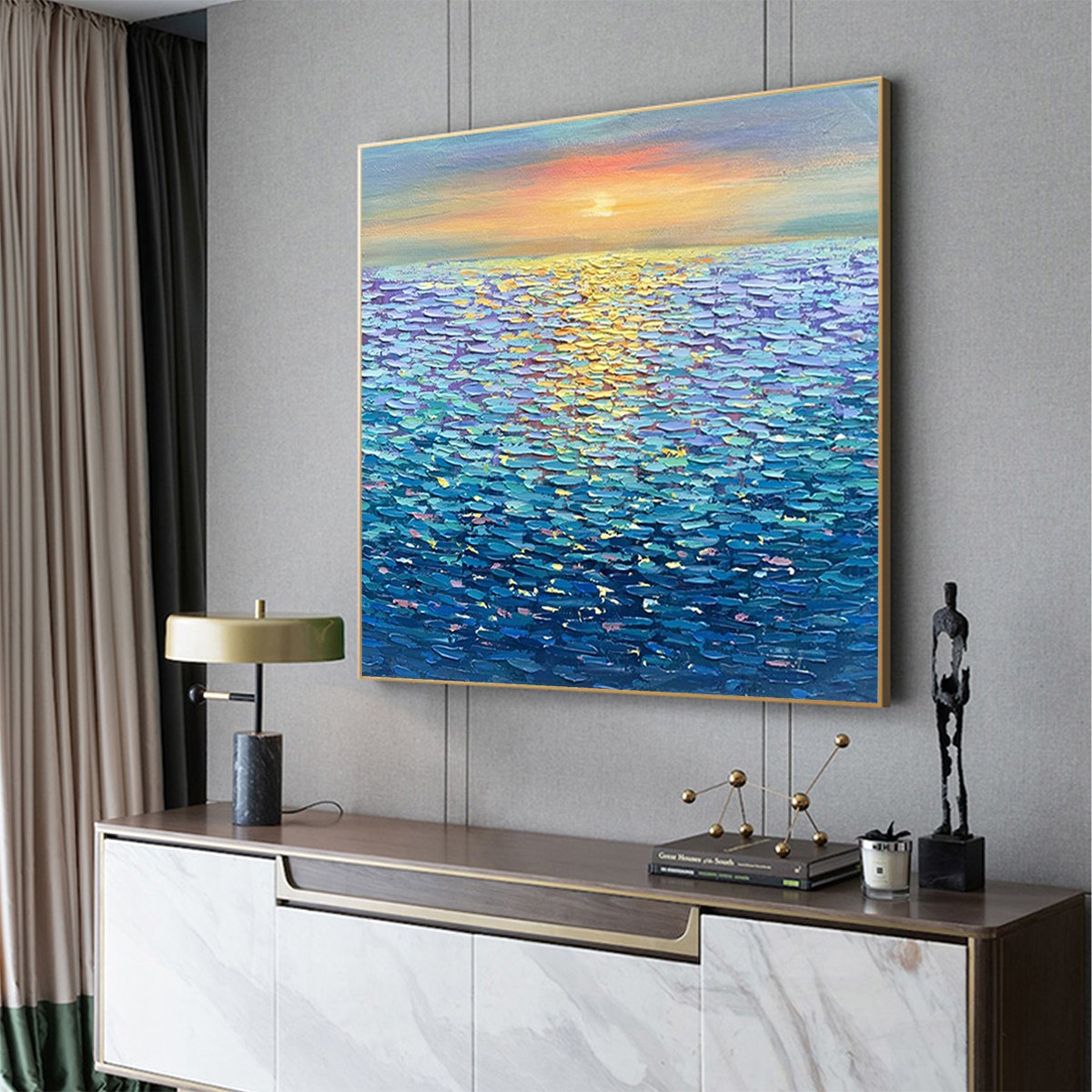 Golden Sunset Over Water hand-painted ocean blue and gold textured sunset seascape painting shown with white frame