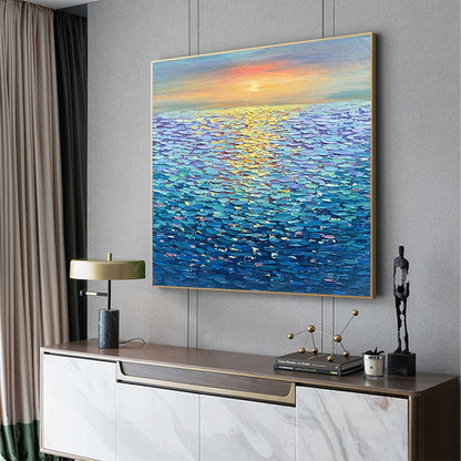 Golden Sunset Over Water hand-painted ocean blue and gold textured sunset seascape painting shown with white frame
