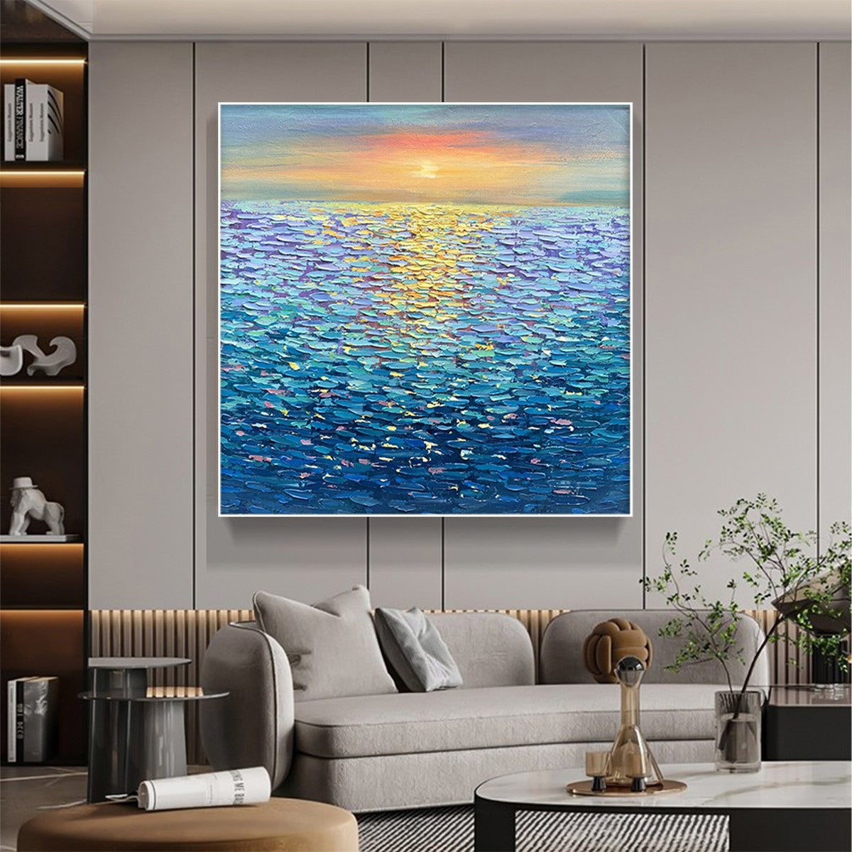 Golden Sunset Over Water hand-painted ocean blue and gold textured sunset seascape painting rolled canvas option