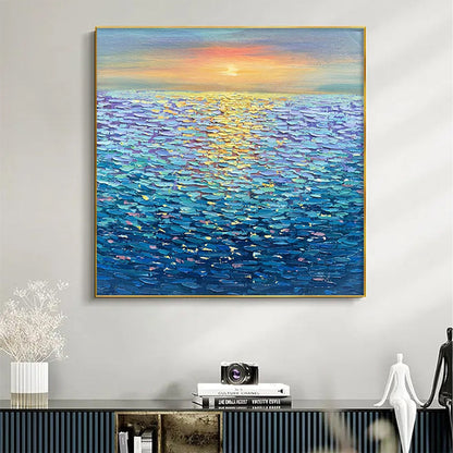 Golden Sunset Over Water hand-painted ocean blue and gold textured sunset seascape painting shown as stretched canvas