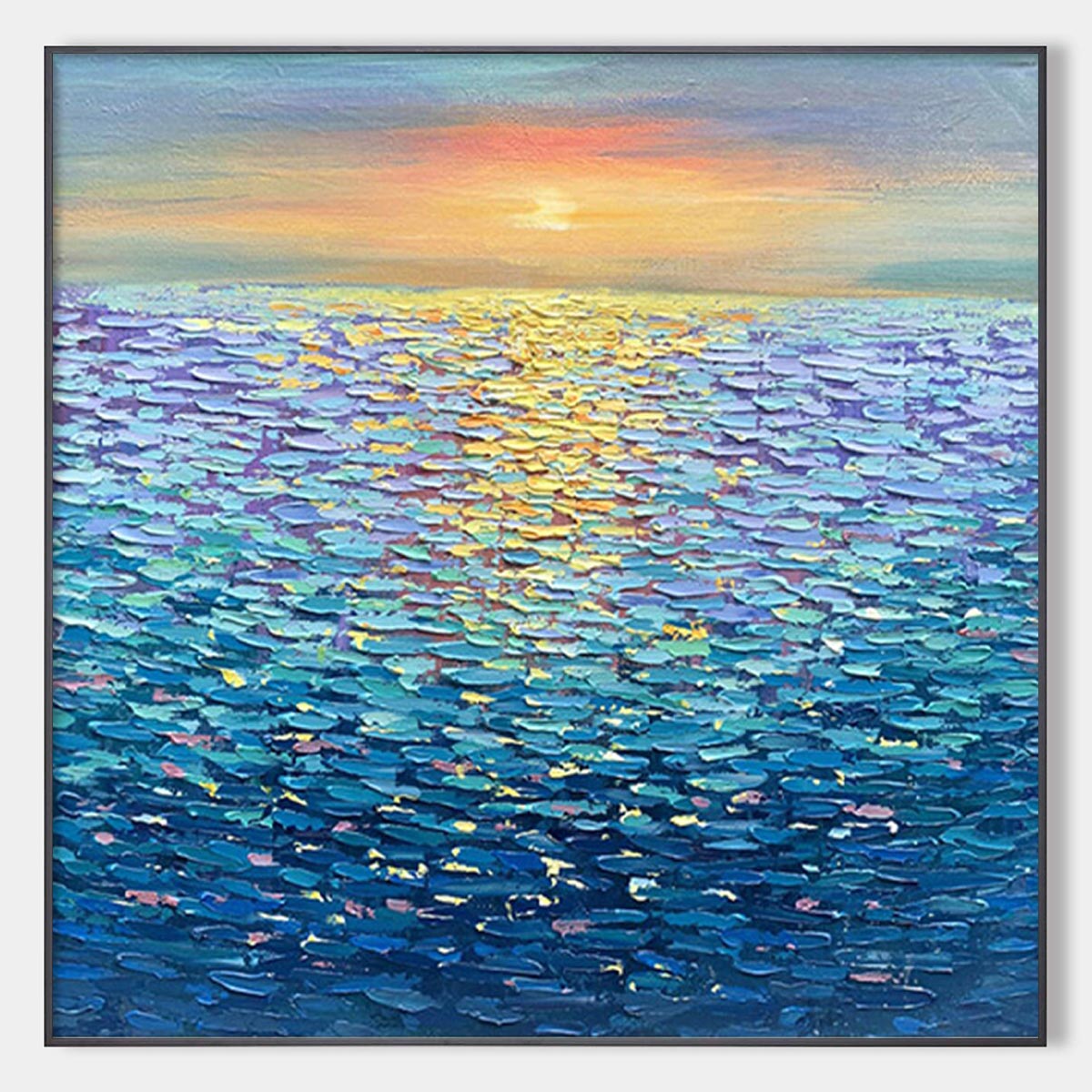 Golden Sunset Over Water hand-painted ocean blue and gold textured sunset seascape painting rolled canvas option
