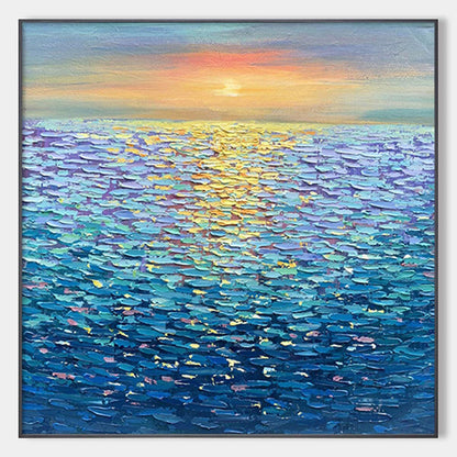 Golden Sunset Over Water hand-painted ocean blue and gold textured sunset seascape painting rolled canvas option