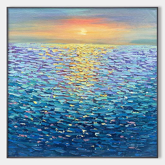 Golden Sunset Over Water hand-painted ocean blue and gold textured sunset seascape painting rolled canvas option