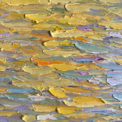 Golden Sunset Over Water hand-painted ocean blue and gold textured sunset seascape painting shown with black frame
