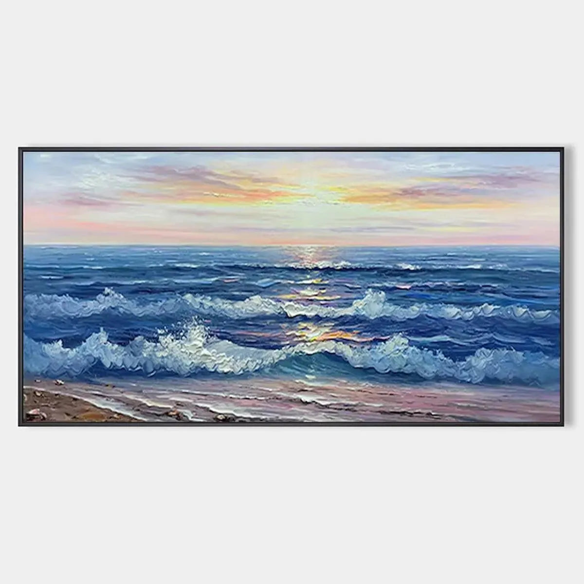 Golden Sunset Serenade hand-painted gold and ivory textured sunset seascape painting rolled canvas option