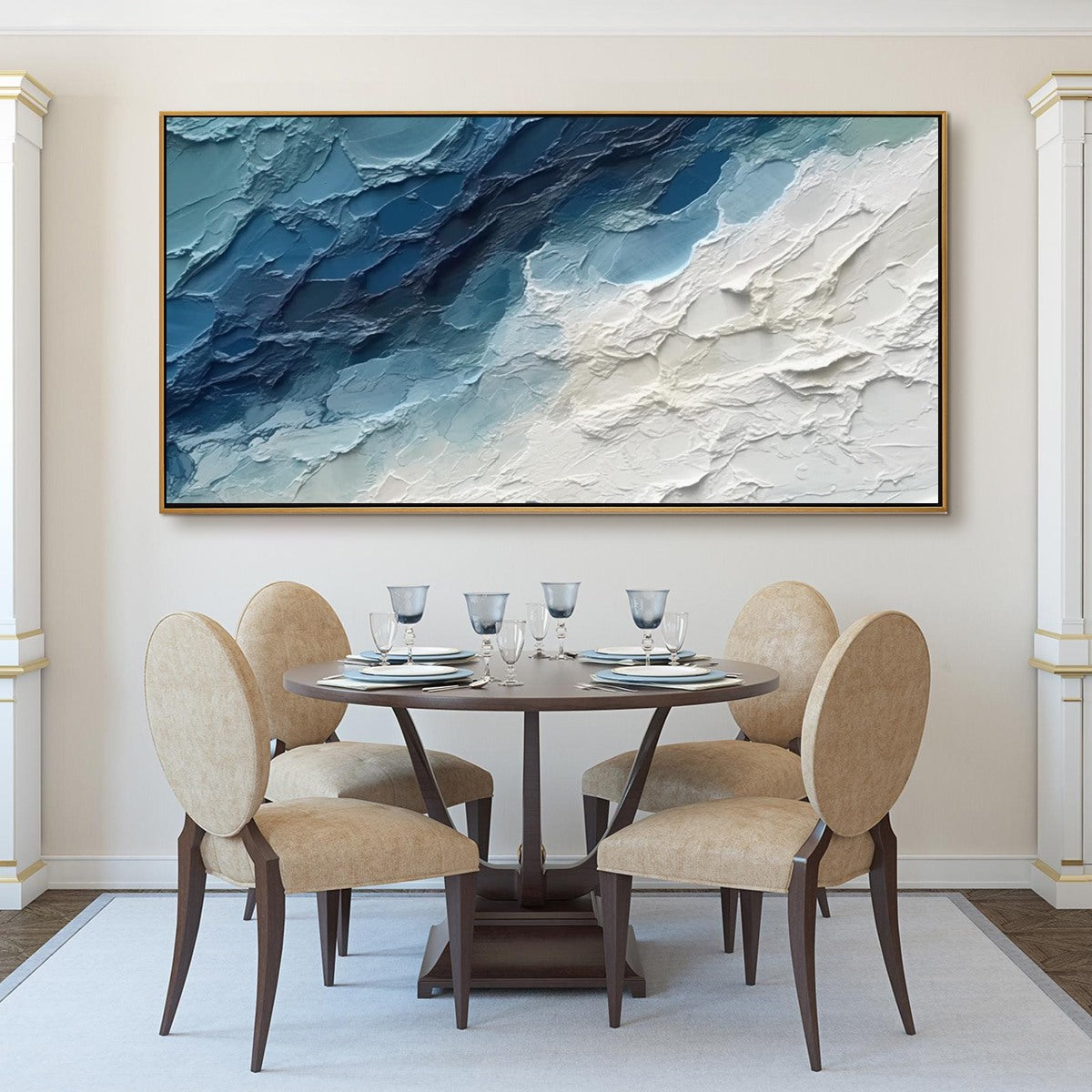 Golden Surge hand-painted gold and ivory textured sunset seascape painting shown as stretched canvas