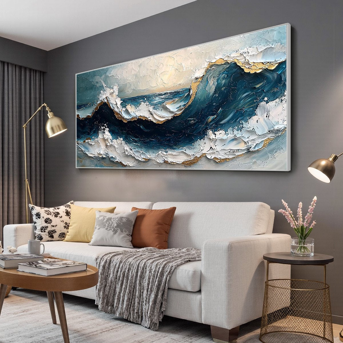 Golden Tide hand-painted gold and ivory textured ocean wave painting shown with white frame