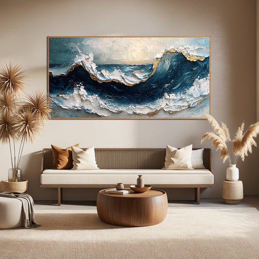 Golden Tide hand-painted gold and ivory textured ocean wave painting shown as stretched canvas