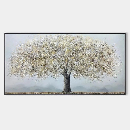 Golden Tree hand-painted soft grey and gold textured tree painting rolled canvas option