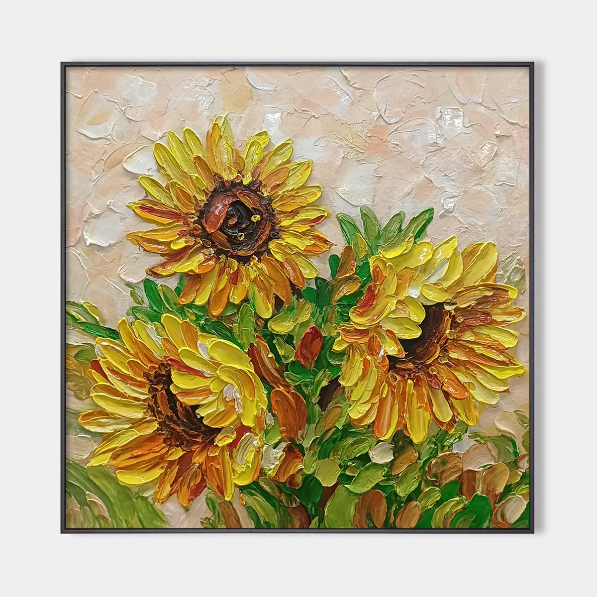Golden Trio – Sunflower Impasto Oil Painting, view 1