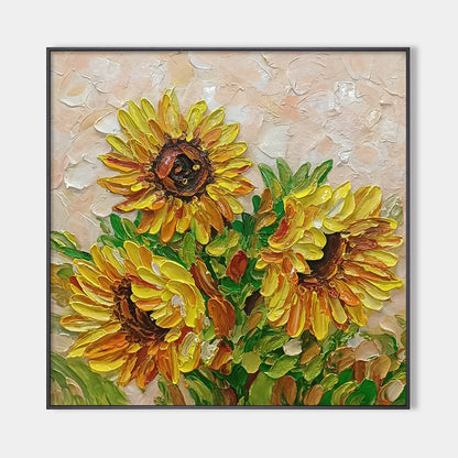 Golden Trio – Sunflower Impasto Oil Painting, view 1