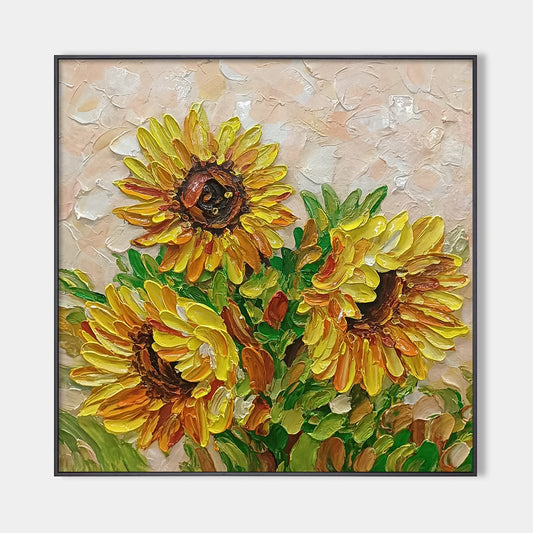Golden Trio – Sunflower Impasto Oil Painting, view 1