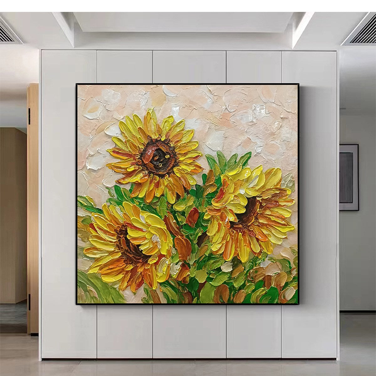 Gold Sunflower Impasto Oil Painting – Golden Trio