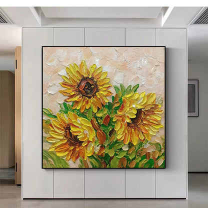 Gold Sunflower Impasto Oil Painting – Golden Trio