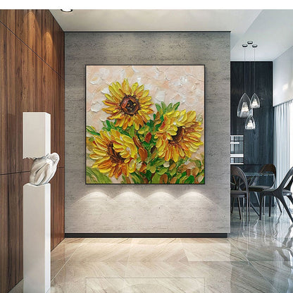 Golden Trio – Sunflower Impasto Oil Painting, view 2