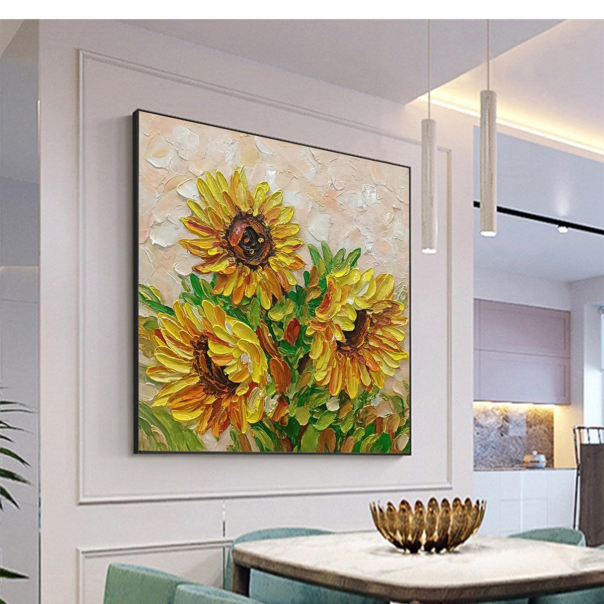 Golden Trio – Sunflower Impasto Oil Painting, view 5