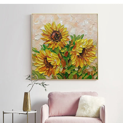 Gold Sunflower Impasto Oil Painting – Golden Trio