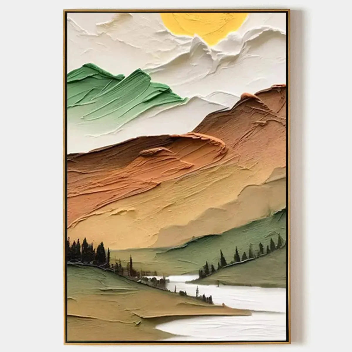 Golden Valley hand-painted green, gold and orange textured mountain valley painting rolled canvas option