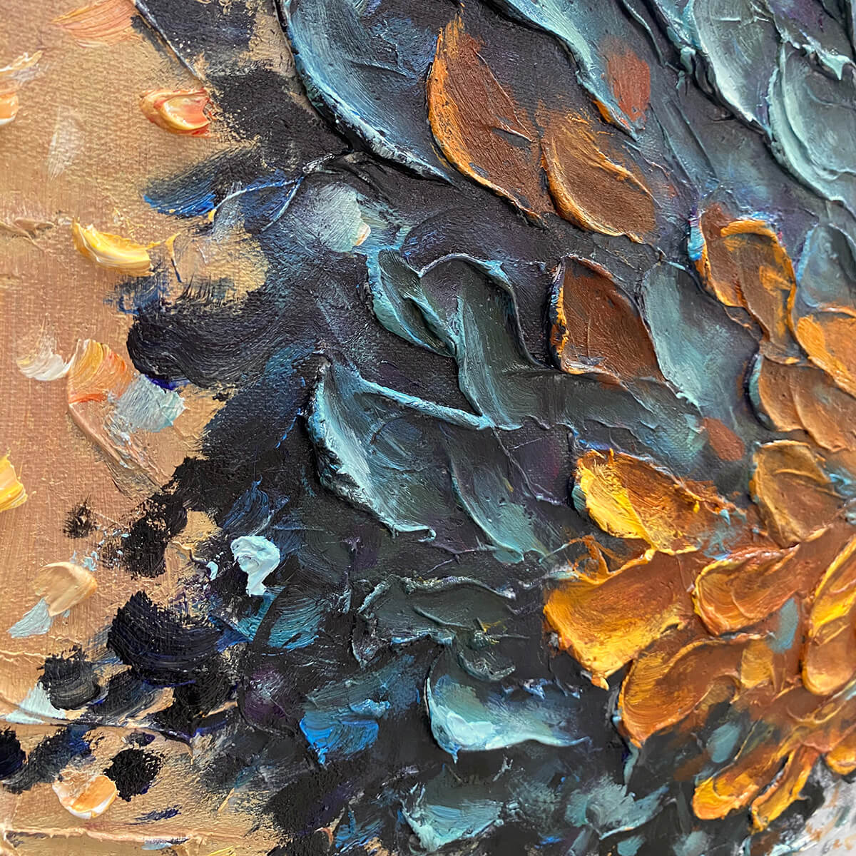 Golden Whispers hand-painted gold and ivory textured tree painting shown with silver frame