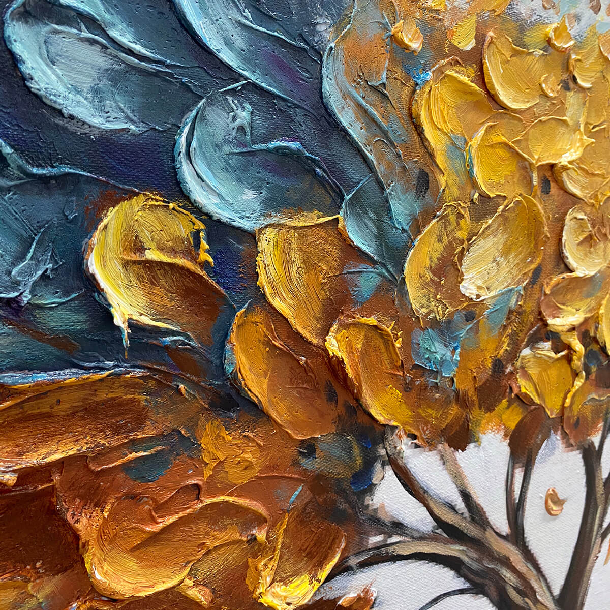 Golden Whispers hand-painted gold and ivory textured tree painting shown with black frame