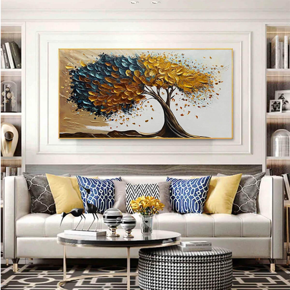 Golden Whispers hand-painted gold and ivory textured tree painting rolled canvas option