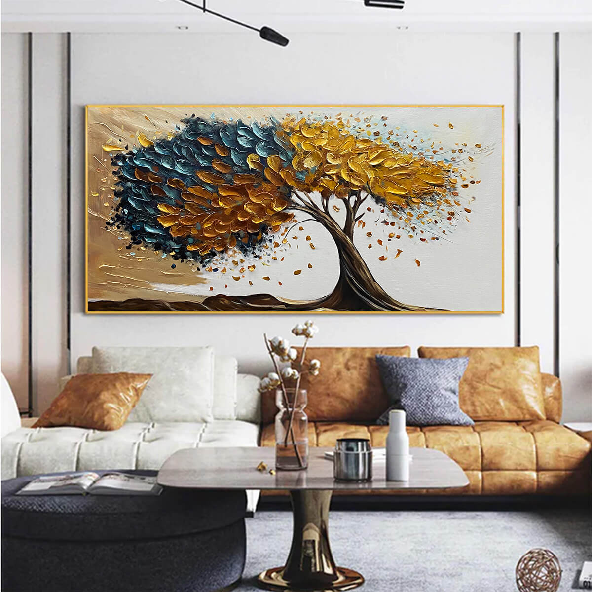 Golden Whispers hand-painted gold and ivory textured tree painting shown as stretched canvas
