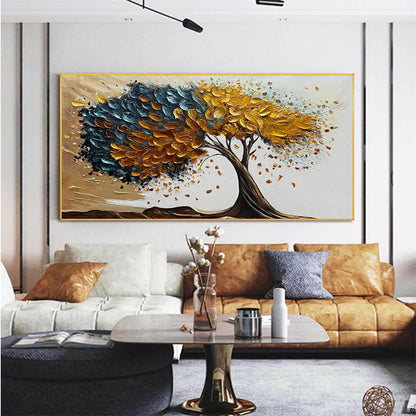 Golden Whispers hand-painted gold and ivory textured tree painting shown as stretched canvas