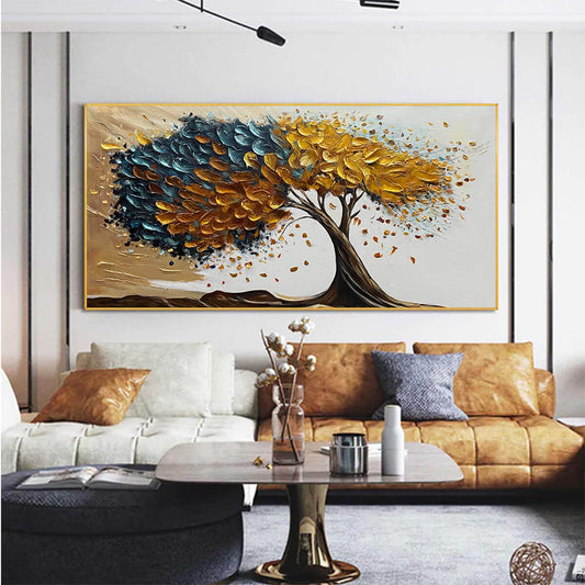 Golden Whispers hand-painted gold and ivory textured tree painting shown as stretched canvas