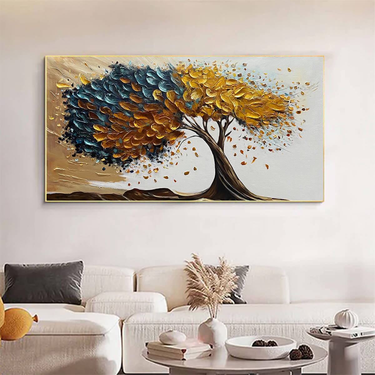 Golden Whispers hand-painted gold and ivory textured tree painting shown with wood frame