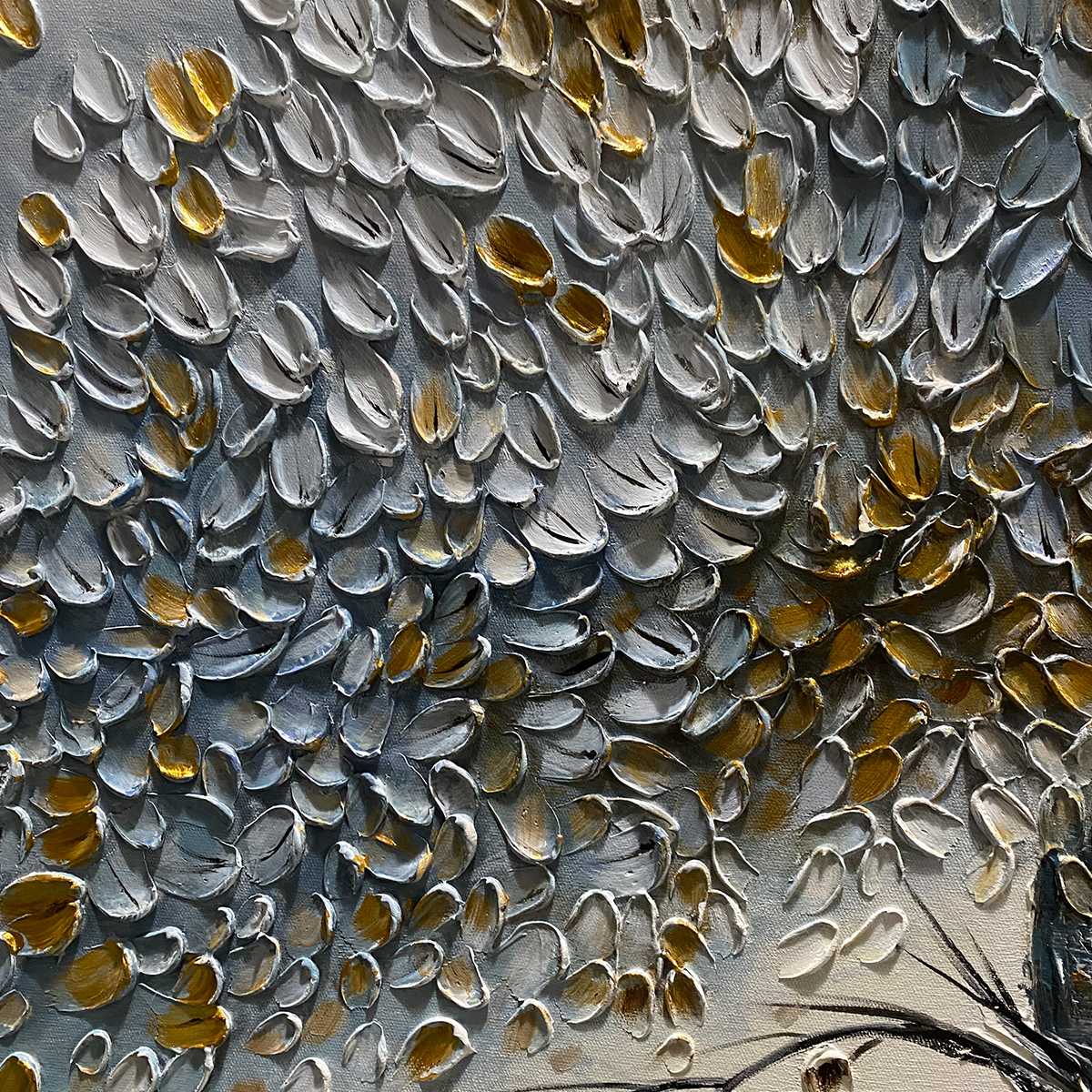 Golden Whispers hand-painted gold and ivory textured tree painting shown with black frame