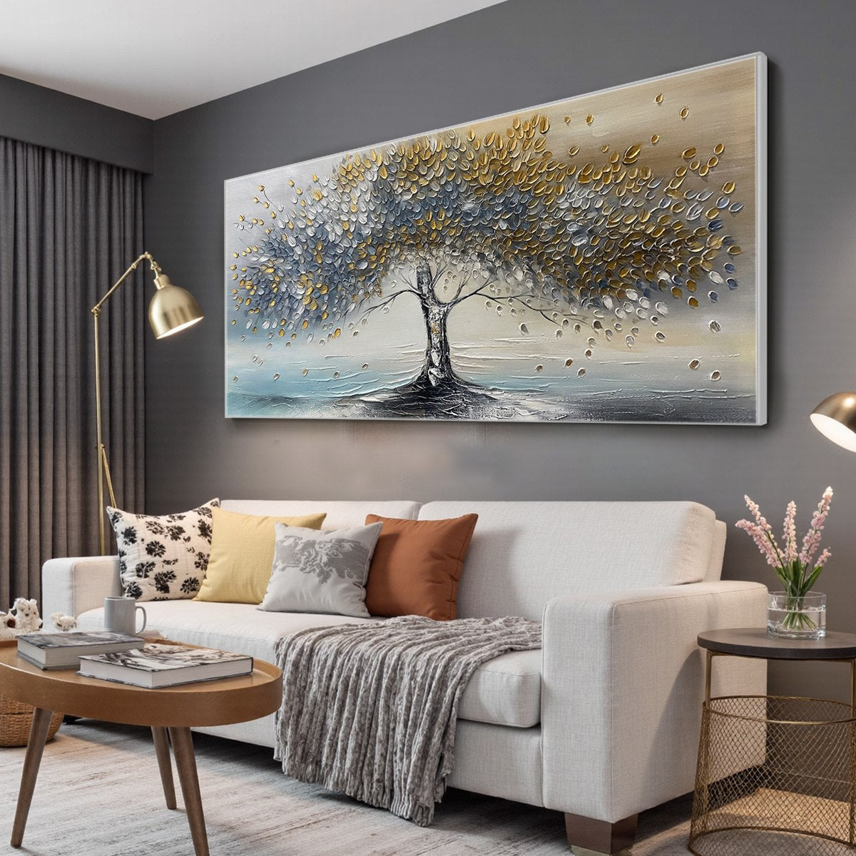Golden Whispers hand-painted gold and ivory textured tree painting shown with white frame