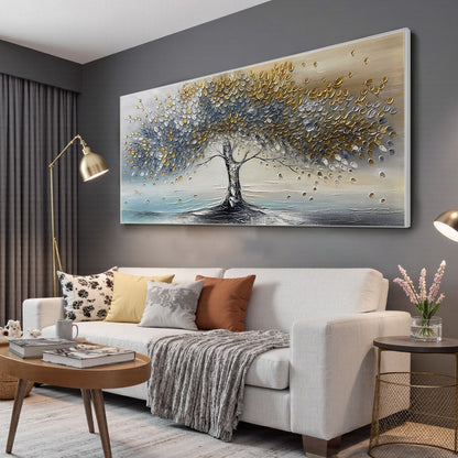 Golden Whispers hand-painted gold and ivory textured tree painting shown with white frame