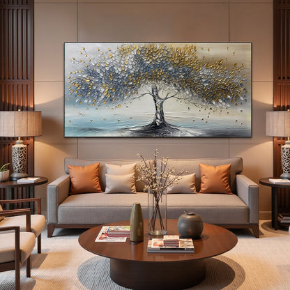 Golden Whispers hand-painted gold and ivory textured tree painting shown as stretched canvas