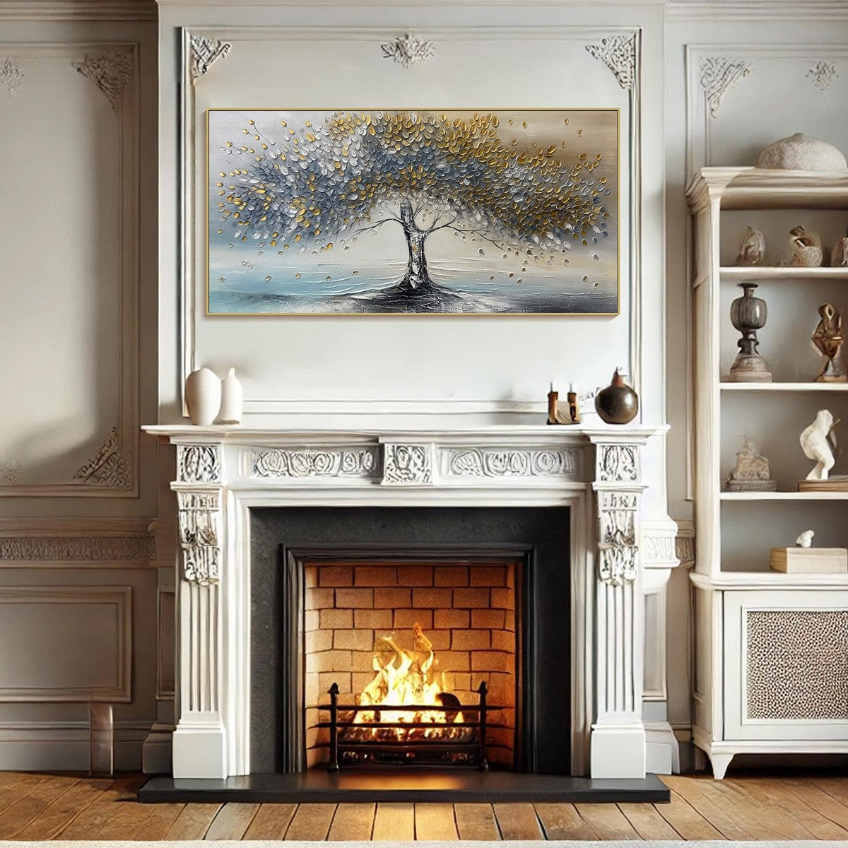 Golden Whispers hand-painted gold and ivory textured tree painting shown with wood frame