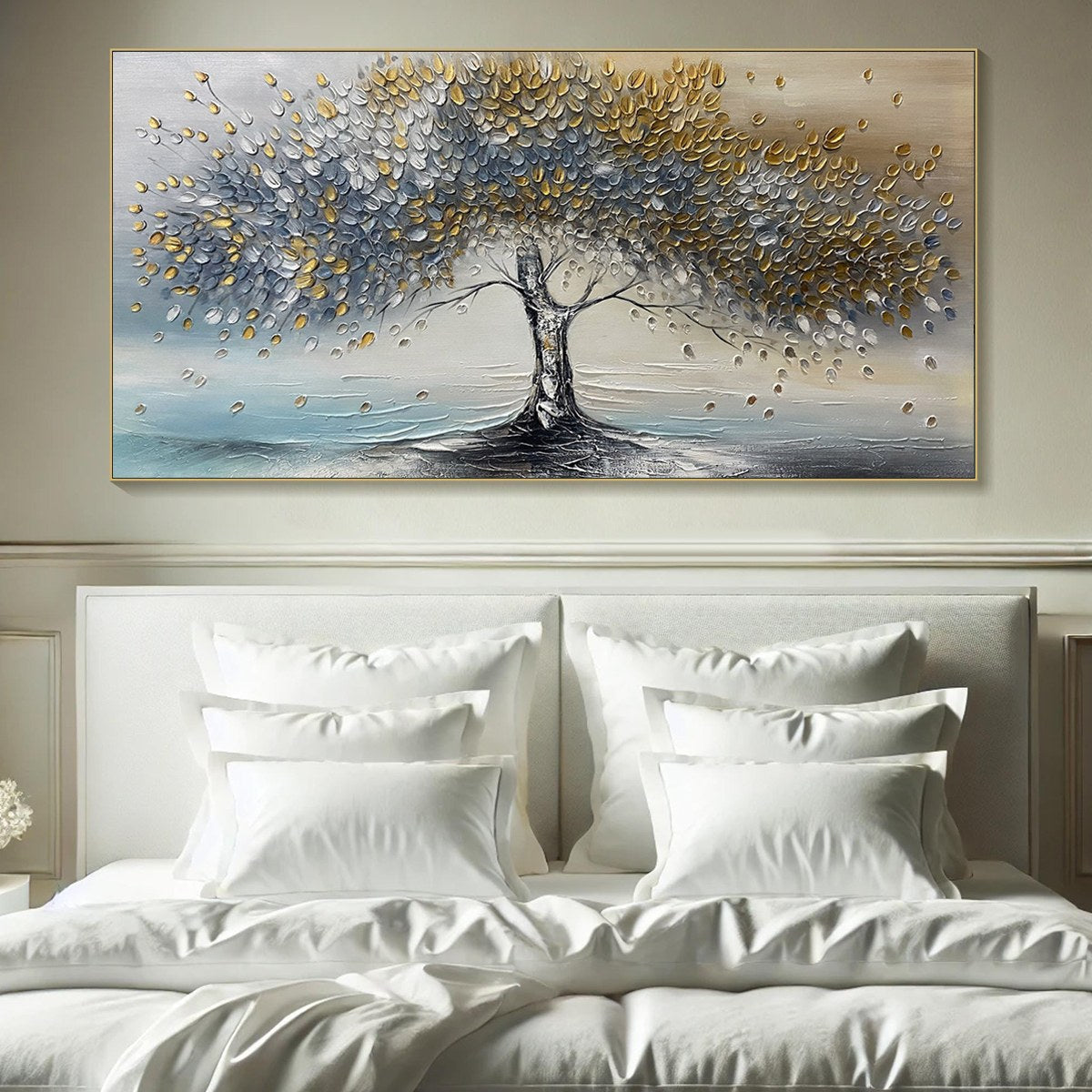 Golden Whispers hand-painted gold and ivory textured tree painting rolled canvas option