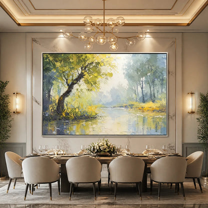 Green Haven hand-painted green and ivory textured forest landscape painting