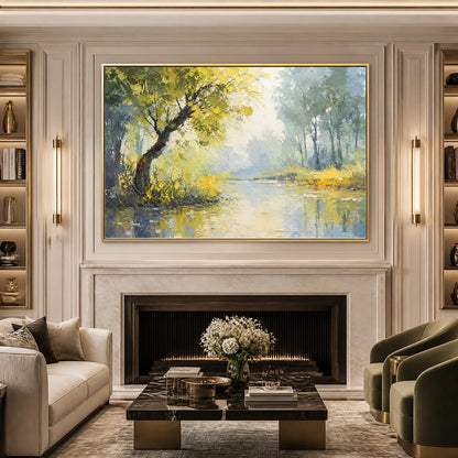 Green Haven hand-painted green and ivory textured forest landscape painting