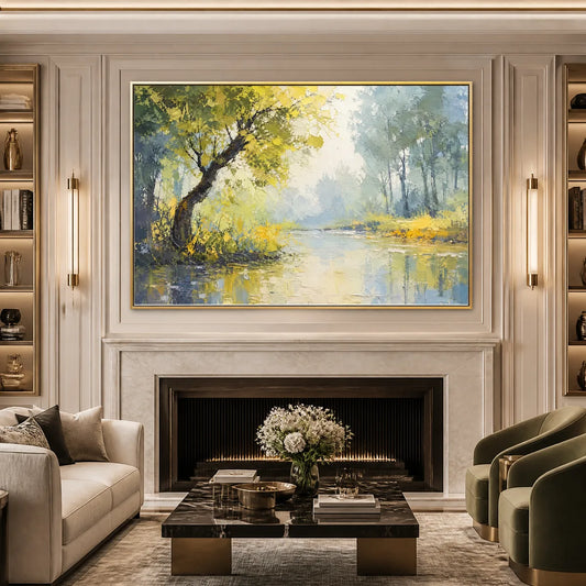 Green Haven hand-painted green and ivory textured forest landscape painting