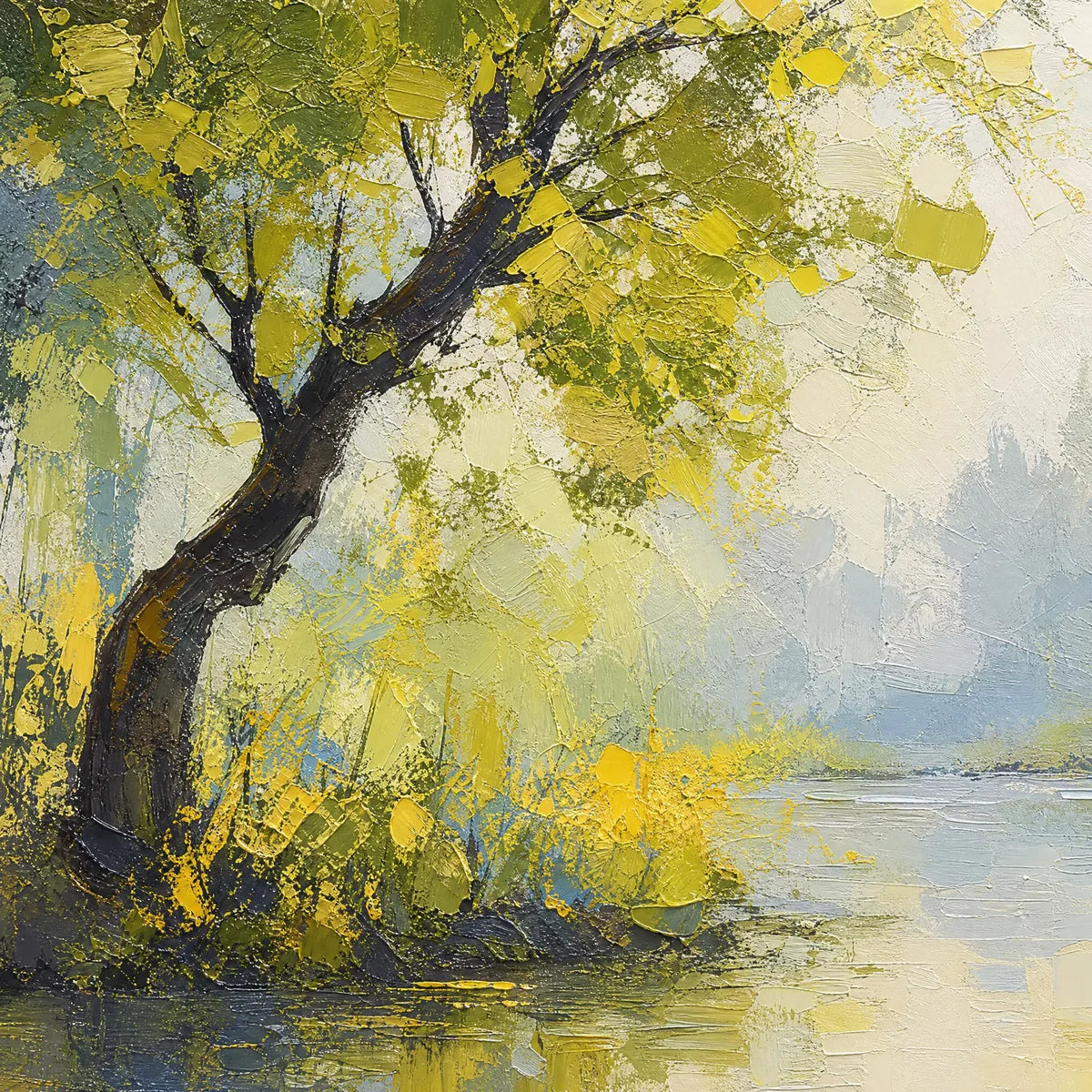 Green Haven hand-painted green and ivory textured forest landscape painting