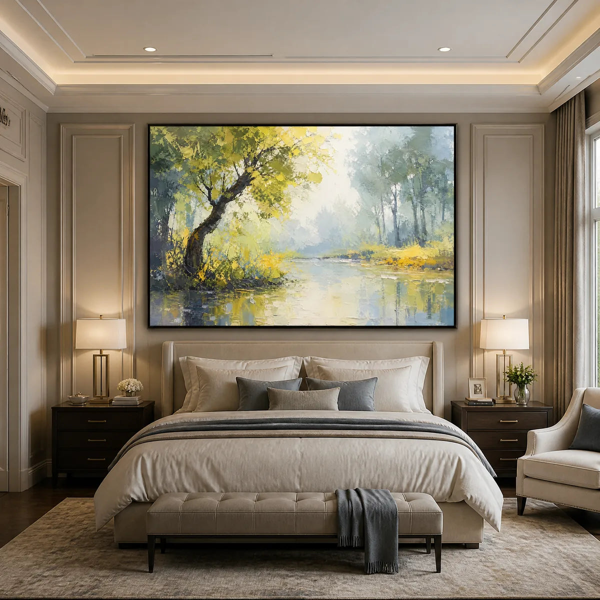 Green Haven hand-painted green and ivory textured forest landscape painting