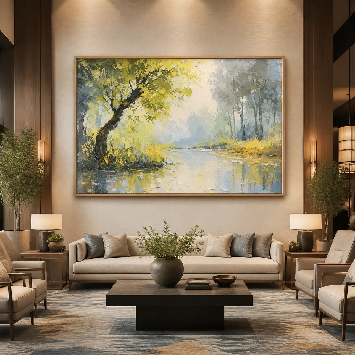 Green Haven hand-painted green and ivory textured forest landscape painting