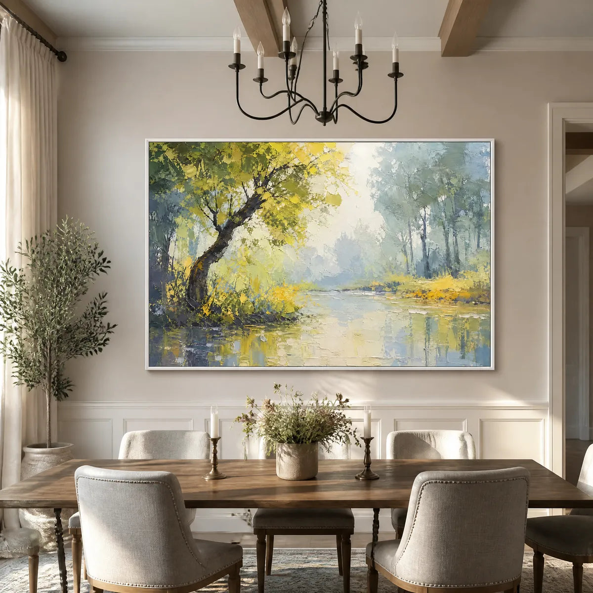 Green Haven hand-painted green and ivory textured forest landscape painting