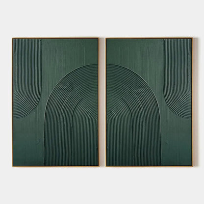 Green Textured Arches Diptych – Wabi-Sabi Abstract Oil Painting, view 1